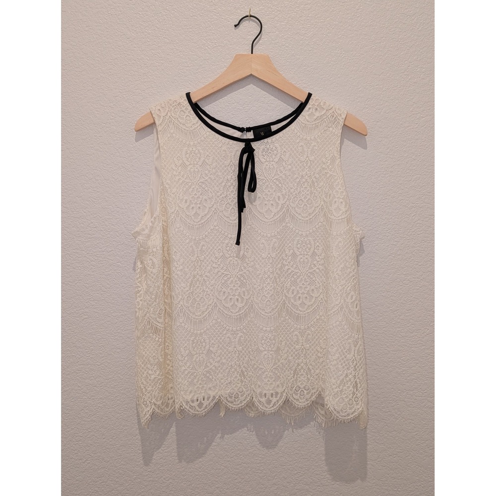 Worthington Petite Ivory Lace Sleeveless Blouse Black Tie Neck PXL
